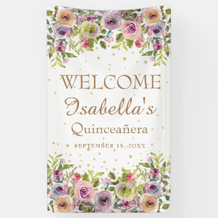 Purple Yellow Pink Floral Gold Glitter Quinceañera Banner