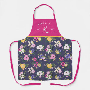 Purple Yellow Pink Floral Pattern Family Monogram Apron