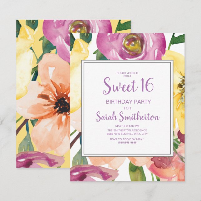 Purple Yellow Pink Floral Sweet 16 Birthday Invitation (Front/Back)