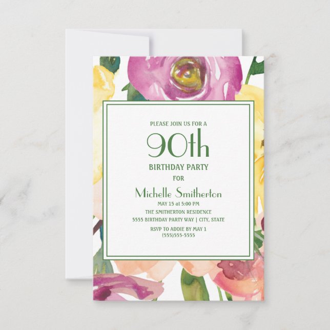 Purple Yellow Pink Flowers 90th Birthday  Invitation (Front)