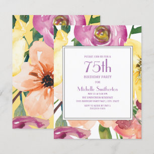 Purple Yellow Pink Watercolor Floral 75th Birthday Invitation