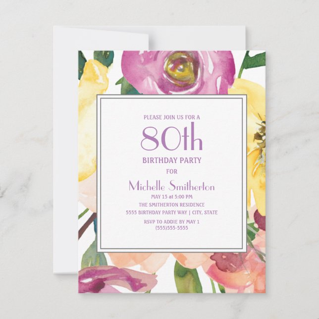 Purple Yellow Pink Watercolor Floral 80th Birthday Invitation (Front)