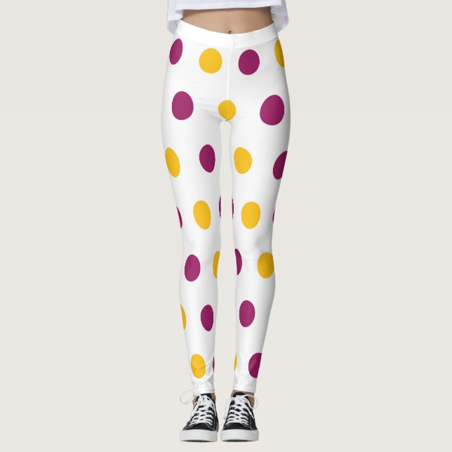 Purple yellow Polka Dots on white, cute and trendy Leggings (Front)