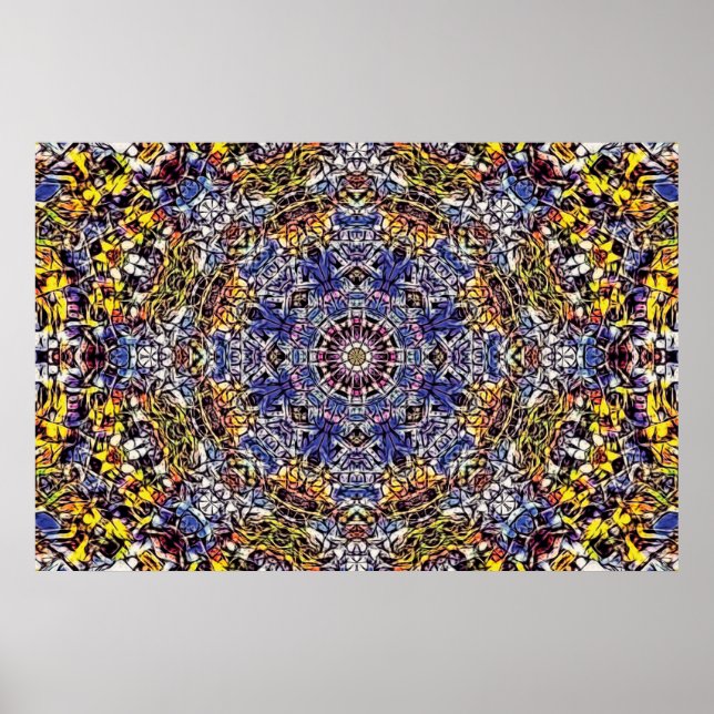 Purple & Yellow Psychedelic Fractal Mandala Poster (Front)