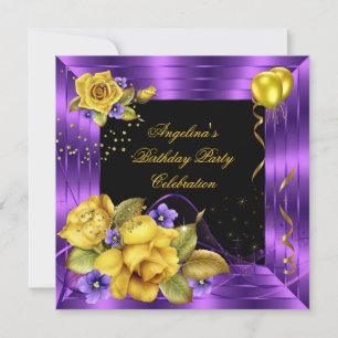 Purple Yellow Rose Black Glitter Birthday Party Invitation