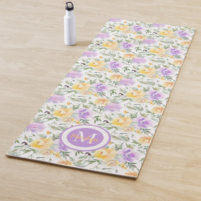Purple Yellow Roses Watercolor Flower Floral Yoga Mat (In Situ)