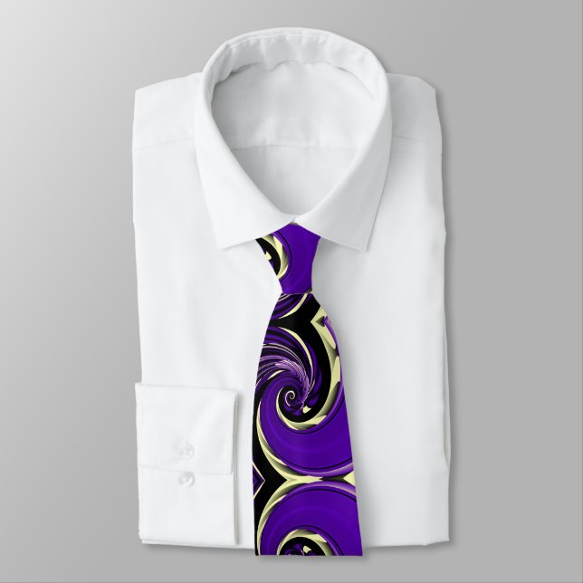 Purple Yellow Spiral Spin, Abstract Whirl Pattern Tie (Tied)