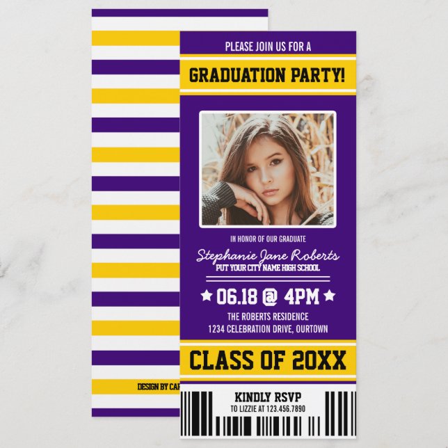 Purple|Yellow Sporty Graduation Party Ticket Invitation (Front/Back)