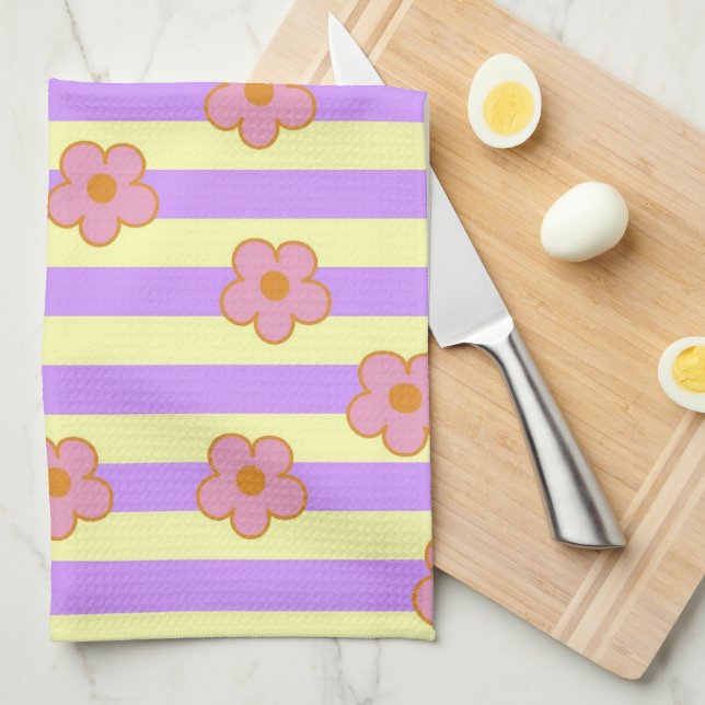 Purple Yellow Stripe Tropical Floral Botanical  Tea Towel (Quarter Fold)