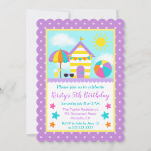 Purple & Yellow Summer Beach Hut Birthday Invitation