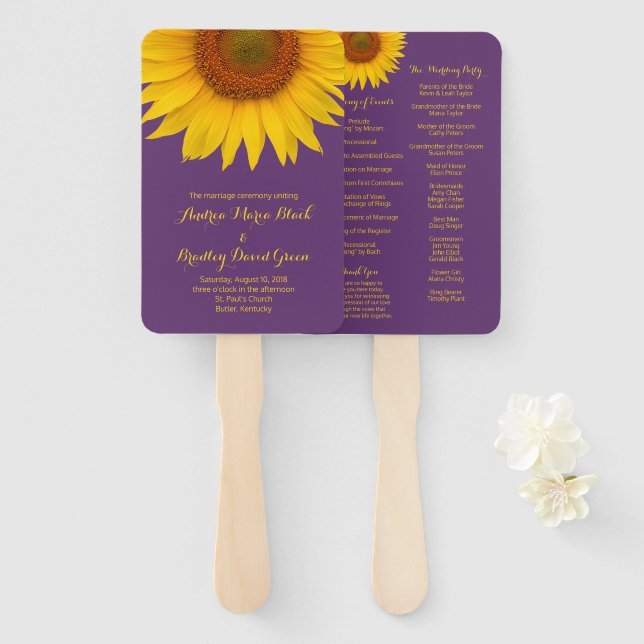 Purple Yellow Sunflower Wedding Program Fan (Front and Back)
