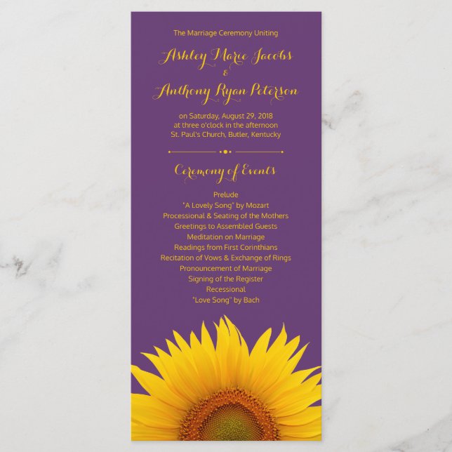 Purple Yellow Sunflower Wedding Program Programme (Front)