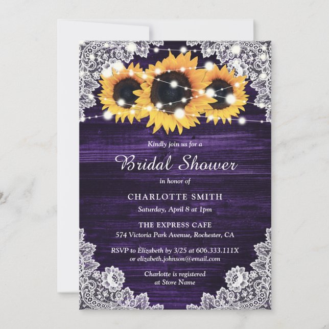 Purple Yellow Sunflower Wood Lace Bridal Shower Invitation (Front)