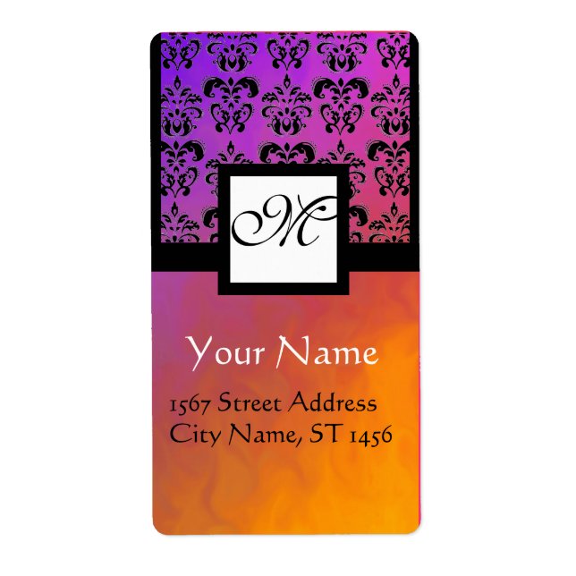 PURPLE YELLOW VIOLET BLACK DAMASK, SQUARE MONOGRAM (Front)