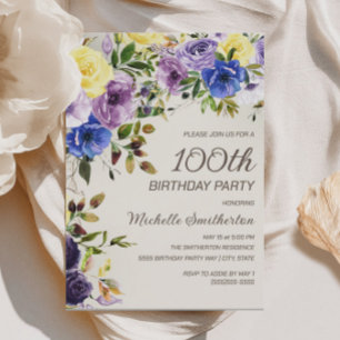 Purple Yellow Watercolor Floral 100th Birthday Invitation