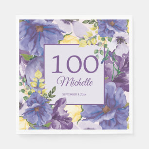 Purple Yellow Watercolor Floral 100th Birthday Napkin