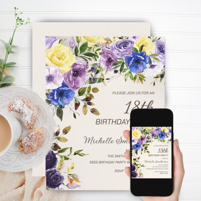 Purple Yellow Watercolor Floral 18th Birthday Invitation (Creator Uploaded)