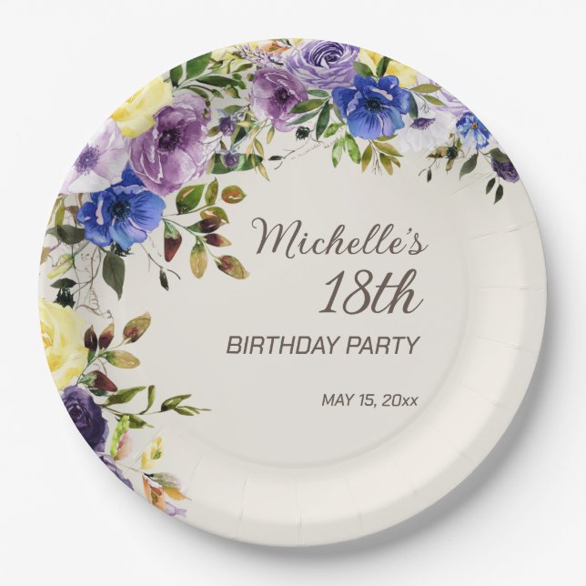 Purple Yellow Watercolor Floral 18th Birthday Paper Plate (Front)