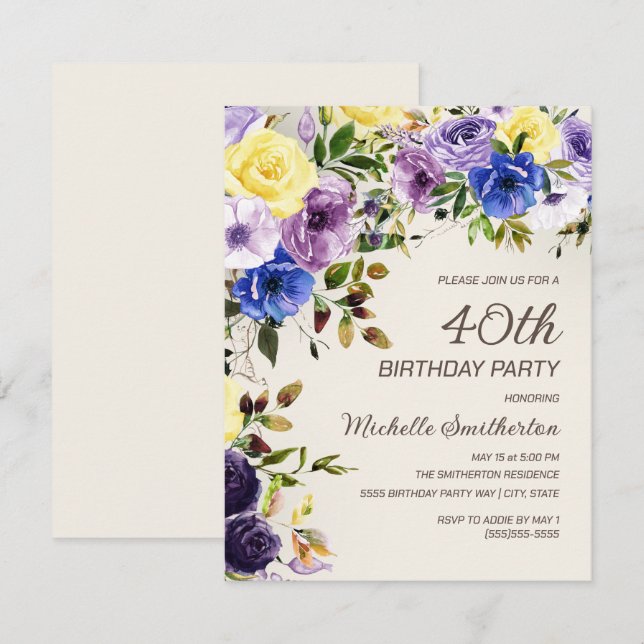Purple Yellow Watercolor Floral 40th Birthday Invitation (Front/Back)