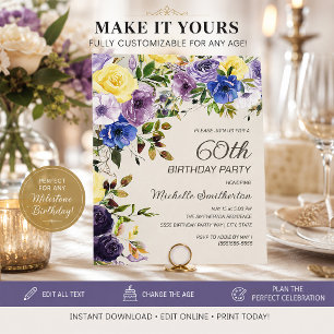 Purple Yellow Watercolor Floral 60th Birthday Invitation