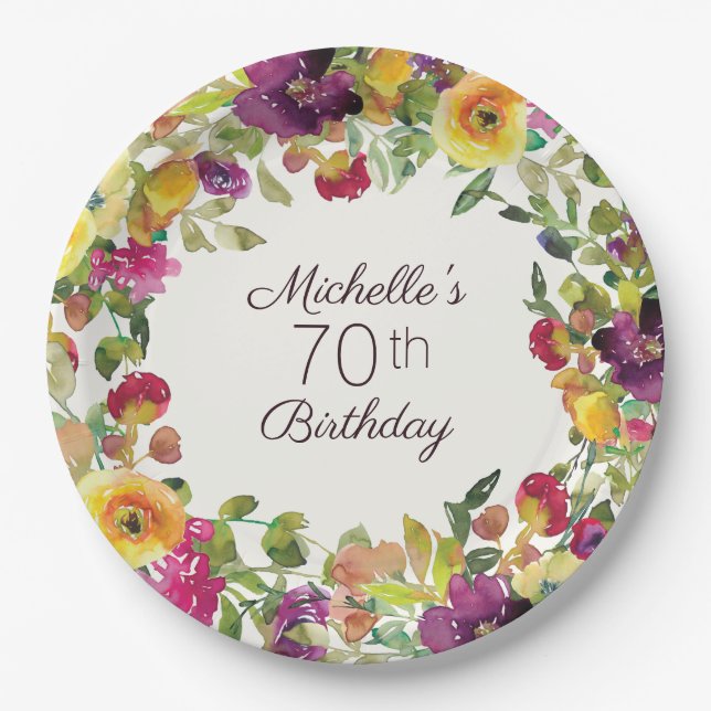 Purple Yellow Watercolor Floral 70th Birthday  Paper Plate (Front)