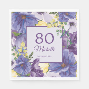 Purple Yellow Watercolor Floral 80th Birthday Napkin