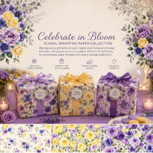 Purple Yellow Watercolor Floral Celebrate Bloom  Wrapping Paper Sheet