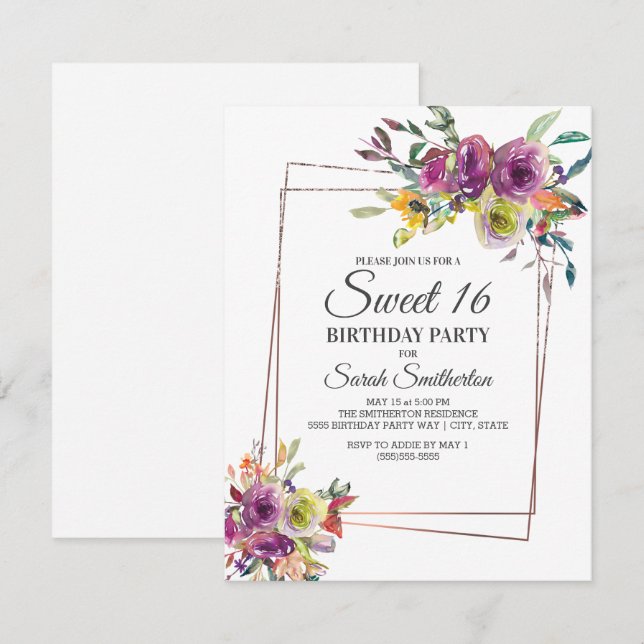 Purple Yellow Watercolor Floral Geometric Sweet 16 Invitation (Front/Back)