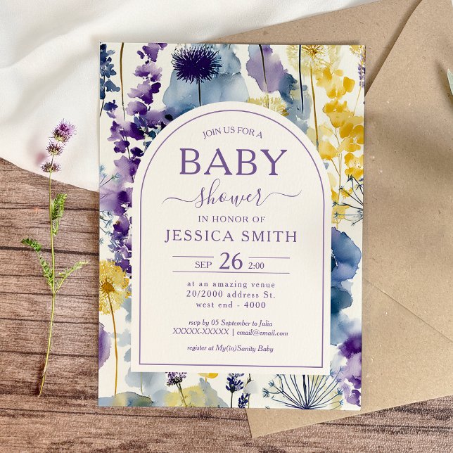 Purple Yellow Watercolor Wildflower Baby Shower Invitation (Celebrate your mama-to-be moment in full bloom with this elegant wildflower baby shower invitation.)