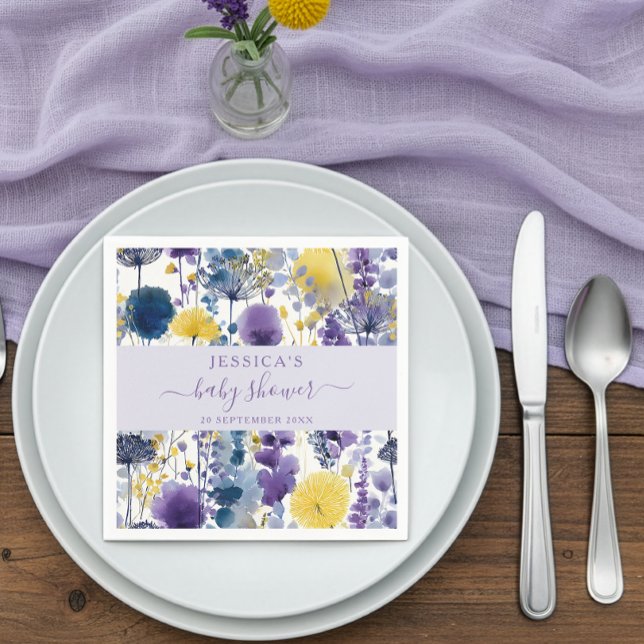 Purple Yellow Watercolor Wildflower Baby Shower Napkin (Creator Uploaded)