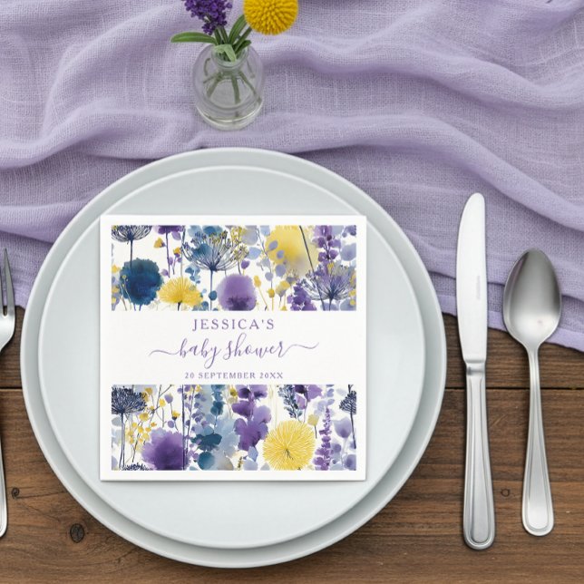Purple Yellow Watercolor Wildflower Baby Shower Napkin (Creator Uploaded)