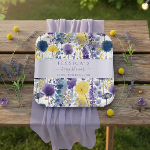 Purple Yellow Watercolor Wildflower Baby Shower Paper Plate