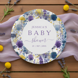 Purple Yellow Watercolor Wildflower Baby Shower Paper Plate