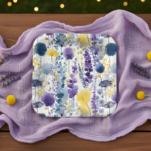 Purple Yellow Watercolor Wildflower Baby Shower Paper Plate