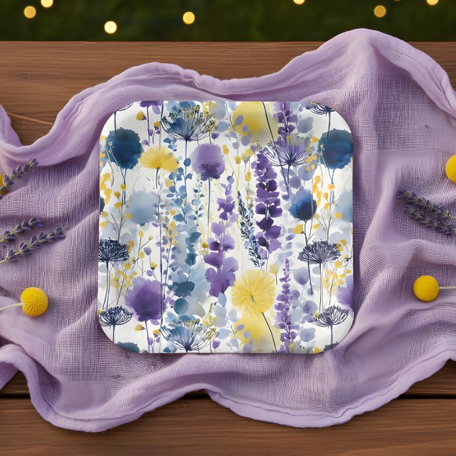 Purple Yellow Watercolor Wildflower Baby Shower Paper Plate (Celebrate your mama-to-be moment in full bloom with this elegant wildflower design. )