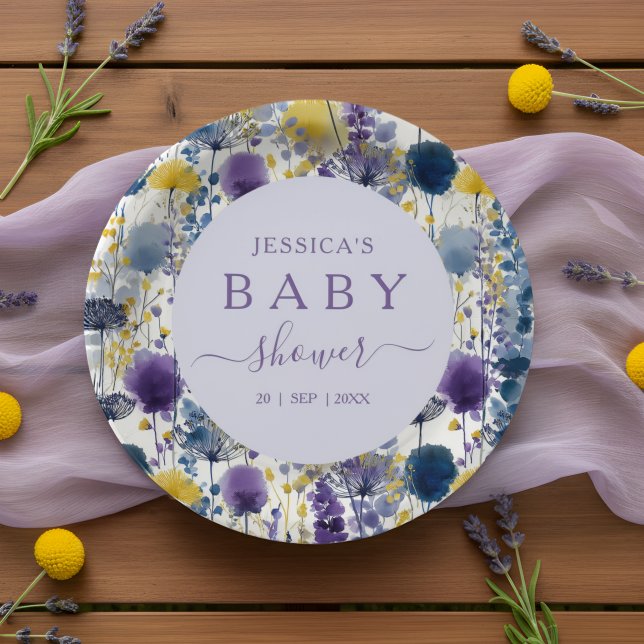 Purple Yellow Watercolor Wildflower Baby Shower Paper Plate (Celebrate your mama-to-be moment in full bloom with this elegant wildflower design. )