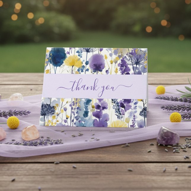 Purple Yellow Watercolor Wildflower Baby Shower Thank You Card (Celebrate your mama-to-be moment in full bloom with this elegant wildflower design. )