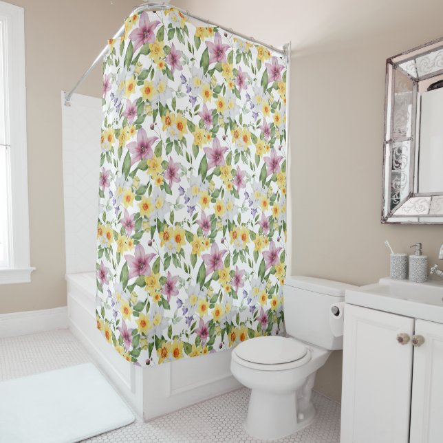 Purple Yellow White Green Floral Boho Chic  Shower Curtain (In Situ)