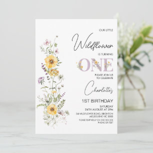 Purple Yellow Wildflowers Bouquet 1st Birthday Invitation