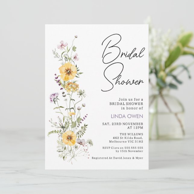 Purple Yellow Wildflowers Bridal Shower  Invitation (Standing Front)
