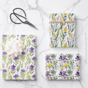Purple Yellow Wildflowers Watercolor Bridal Shower Wrapping Paper Sheet