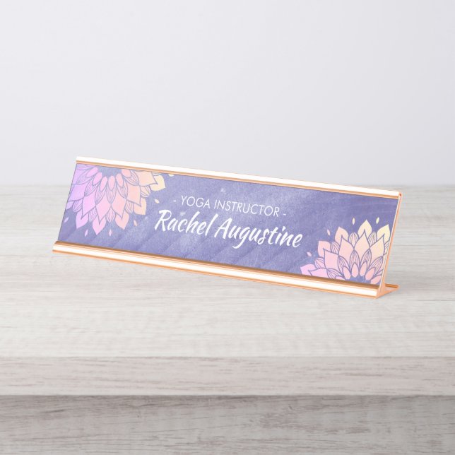 Purple Yoga Instructor Rose Gold Mandala Desk Name Plate (Front)