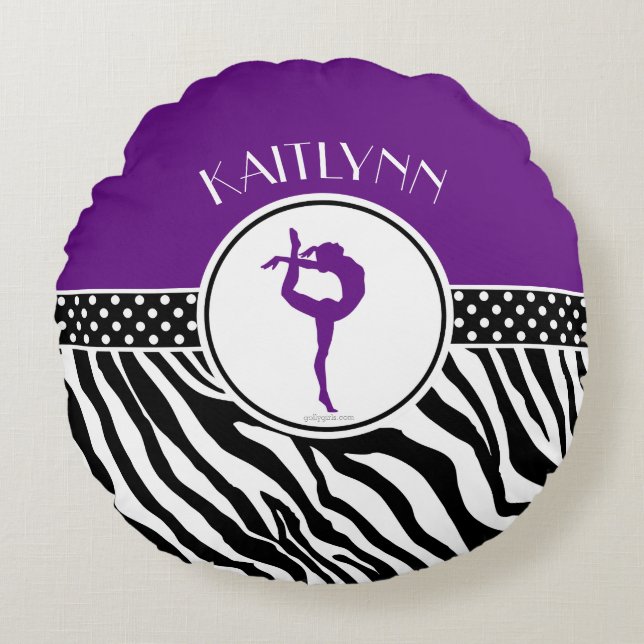 Purple Your Name Zebra Print Gymnastics Round Cushion (Front)