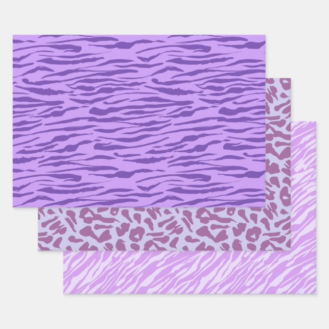 Purple Zebra and Leopard Print Wrapping Paper Sheet (Set)