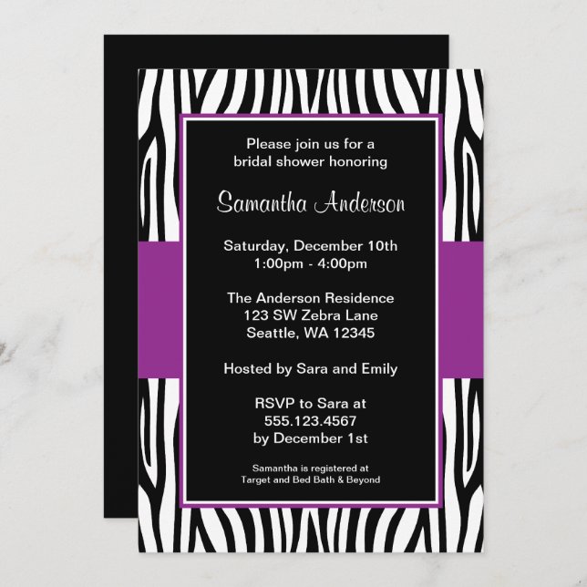 Purple Zebra Bridal Shower Invitation (Front/Back)