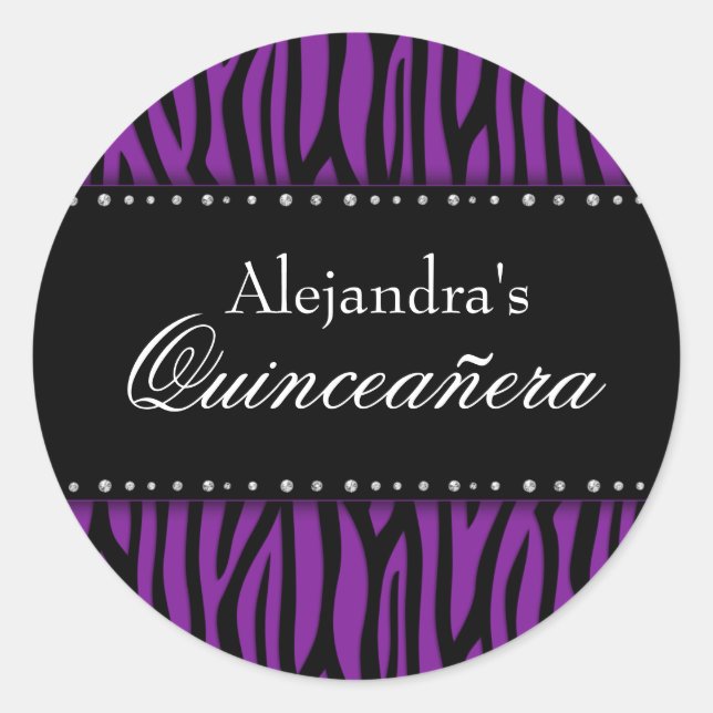 Purple Zebra Diamonds Quinceanera Classic Round Sticker (Front)