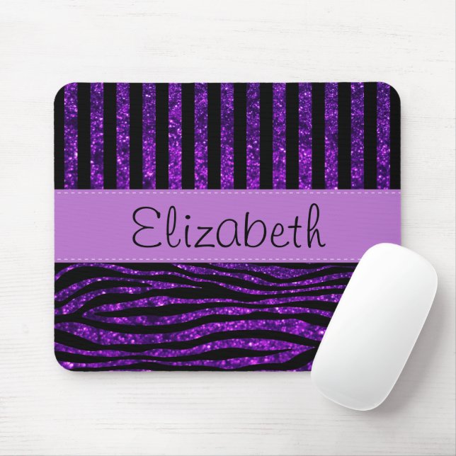 Purple Zebra, Glitter, Purple Stripes, Your Name Mouse Mat (With Mouse)