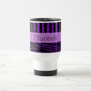 Purple Zebra, Glitter, Purple Stripes, Your Name Travel Mug