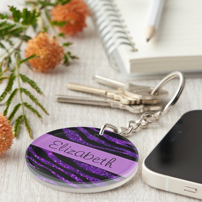 Purple Zebra, Glitter Zebra, Stripes, Your Name Key Ring (Front Right)