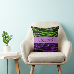 Purple Zebra, Green Zebra, Glitter, Your Name Cushion
